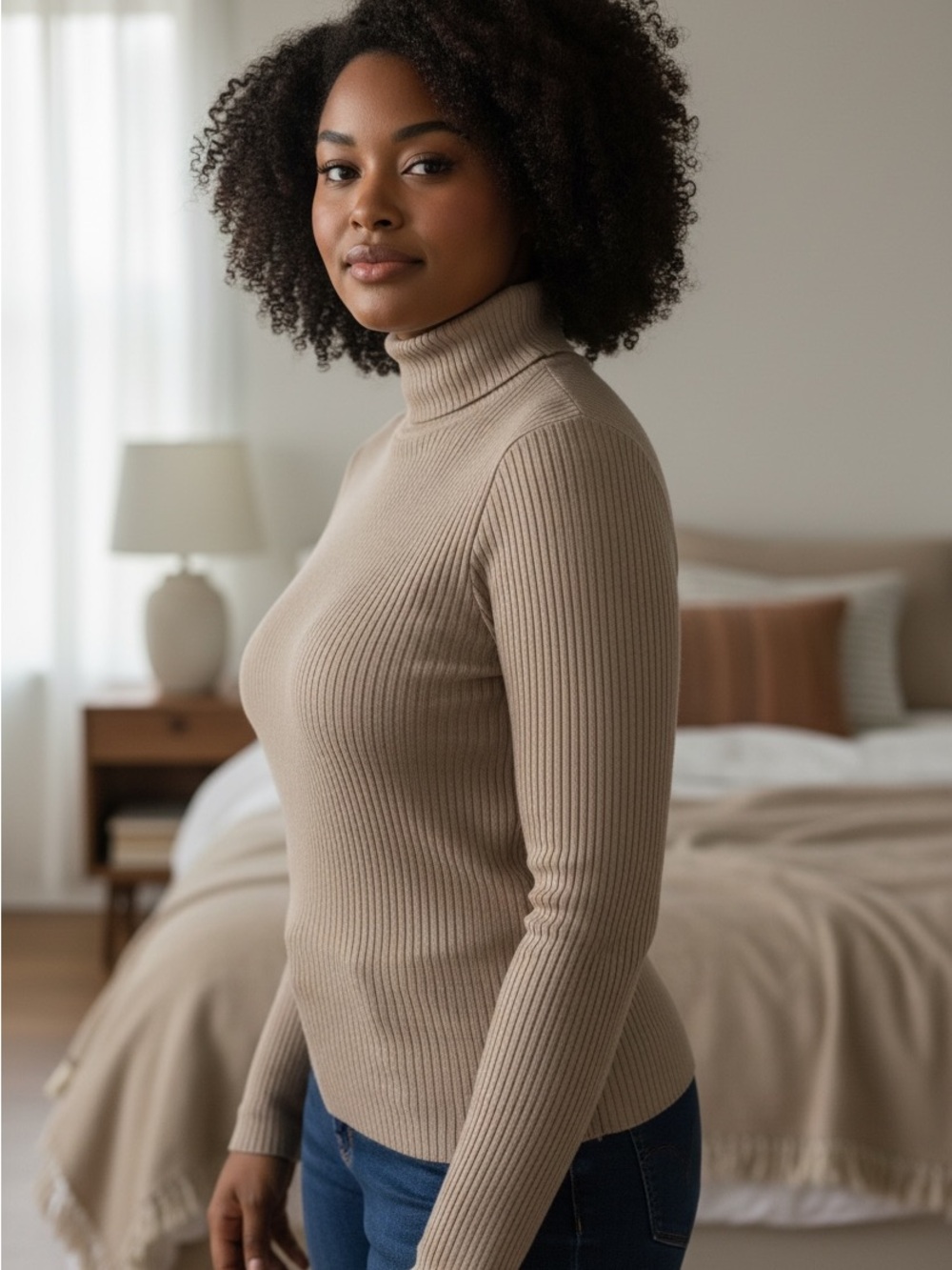 Ribbed Cowl-Neck Sweater in Taupe - Women